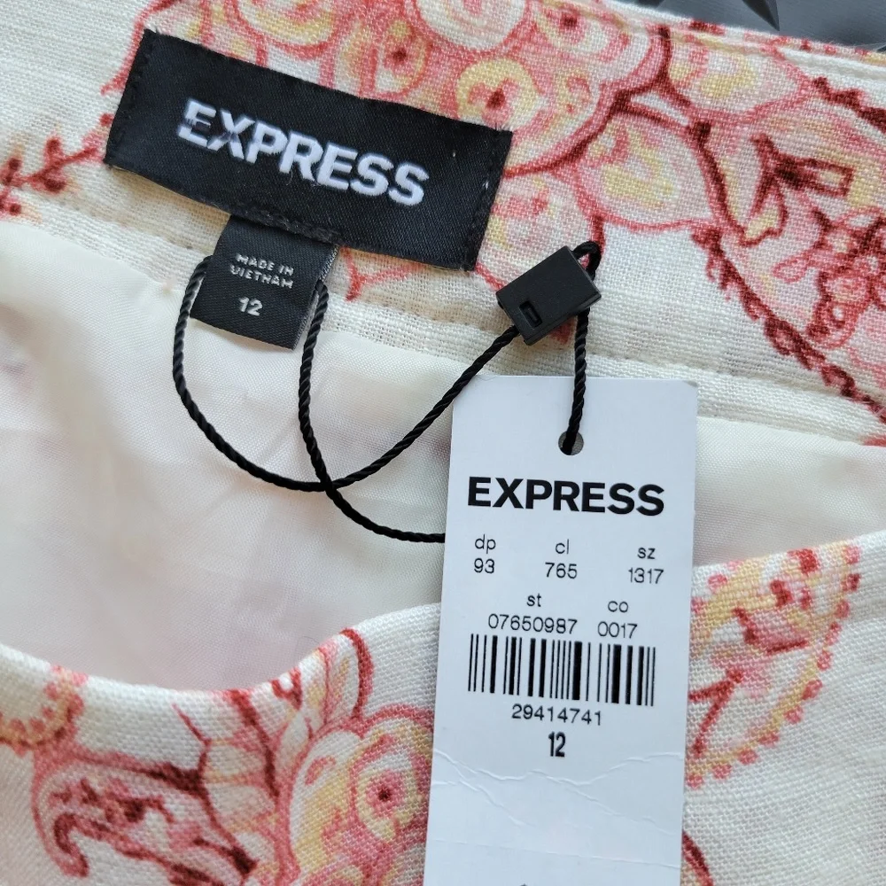 Express Women's Pink Ivory Linen Blend Floral Tiered Ruffle Mini Skirt Sz 14 New